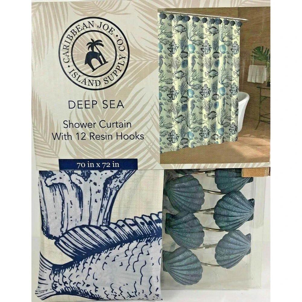 Caribbean Joe Deep Sea Seahorse Coastal Fabric Shower Curtain and 12 Shell Hooks